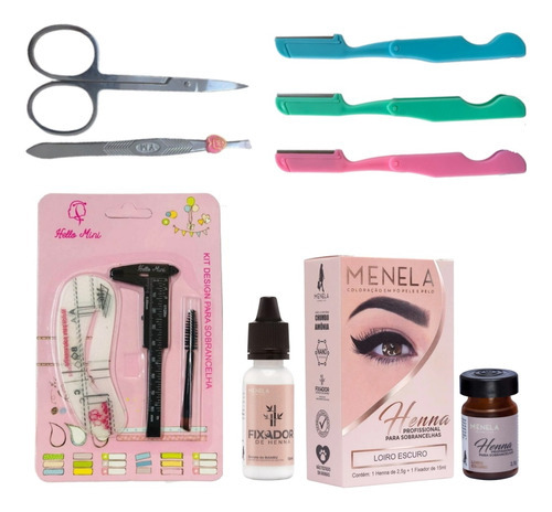 Kit Henna Menela Sobrancelha Pincel Navalha Pinça Tesoura Cor Loiro Escuro