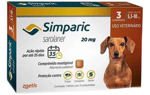 Caixa Com 3un Antipulgas Simparic 20mg Cães De 5,1- 10kg