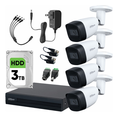 Dahua Kit Circuito Cerrado De 4 Cámaras Metálicas 2 Mp Con Micrófono + Disco Duro De 3 Tb Y Transceptores Video Vigilancia Con Detección De Movimento