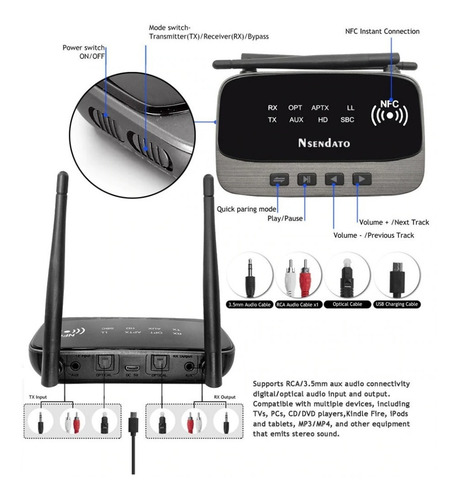 Bluetooth 5.0 Receptor Transmisor Disp 3 En 1 Largo Alcance
