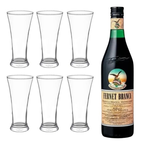 Fernet Botella 750ml + 6 Vasos De Vidrio Super Pinta Libbey