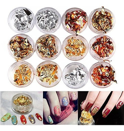 Meilinds 12 Cajas Nail Art Foil Sticker Oro Plata Acrilico 