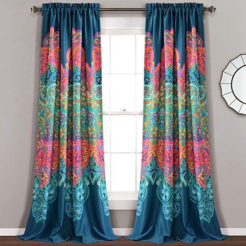 Par De Paneles De Cortinas 274 X 132 Cm Turquesa Y Azul Mari