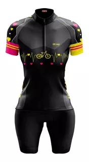 Conjunto Camisa Bermuda Feminino Ciclismo Coração Bike Preto