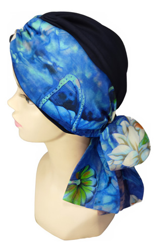 Turbante Gorro Para Mujer C/banda Oncológico Quimio. Algodon Color Azul Marino Multi