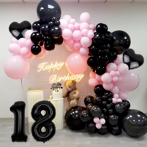 Globos 18 Cumpleaños Negro Y Rosa Decoración Años Mujer