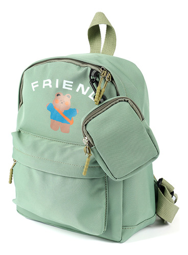 Mochila Infantil Escolar Canva Con Monedero Color Verde Diseño De La Tela Osito