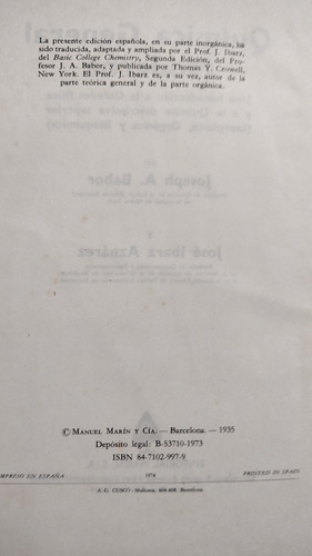 Química General Moderna De Joseph Babor Y José Ibarz Aznárez (Usado)
