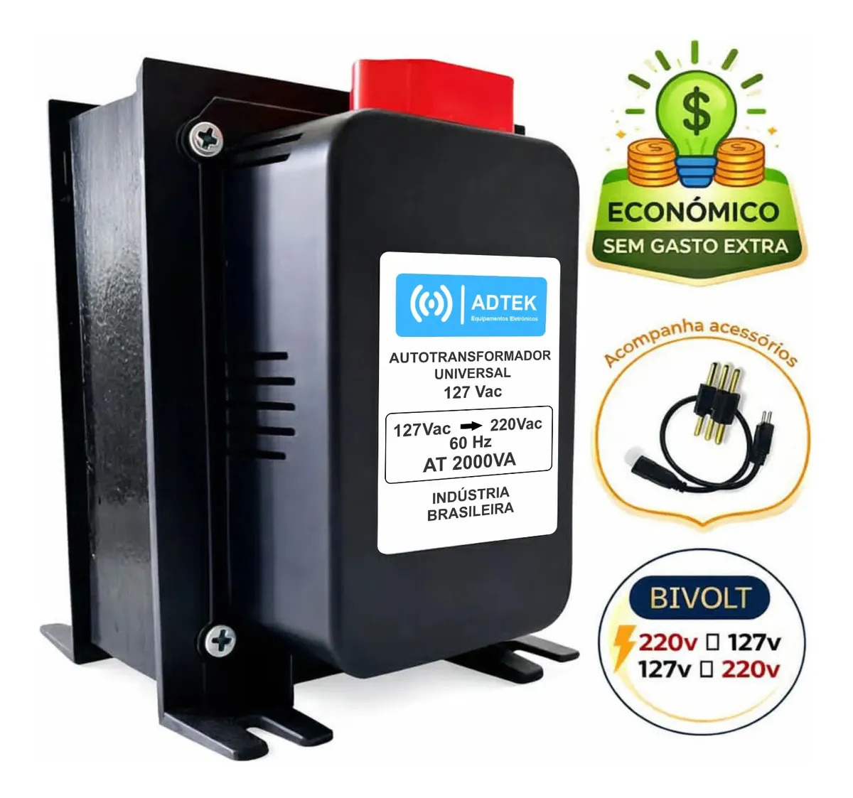 Auto Transformador Adtek 2000va Bivolt 110v 220v E 220v 110v Com Proteção Térmica + Cabo Incluso