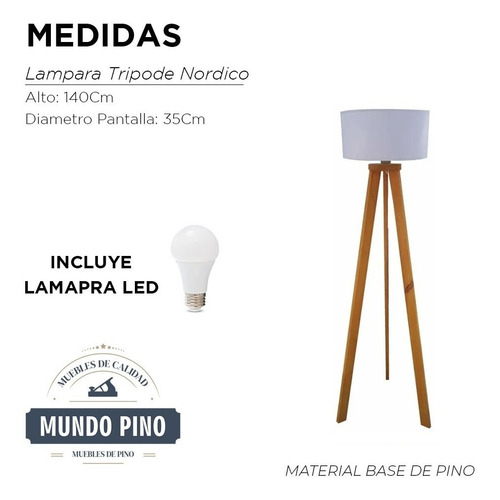 Imagen 2 de 6 de Lampara De Pie Tripode Madera Modelo Nordico + Lampara Led