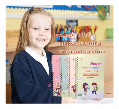 Set 4 Cuadernos Magicos Caligrafía Niños Lapicero Mágico