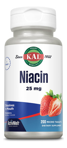Tabletas De Niacina Kal De 25 Mg, Fresa, 200 Unidades