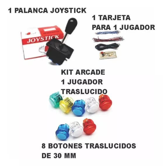 Kit Árcade Palanca+tarjeta 1 Jugador+10 Botones Traslucidos