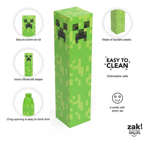 Zak Designs Minecraft Creeper Square Shaped Water Bottle Wit