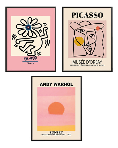 Set 3 Piezas Cuadro Marco Picasso Warhol Haring Sol 30x40