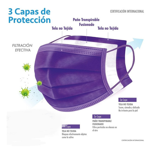 Imagen 5 de 6 de Cubre Bocas Violeta 3 Capas Plisado Sellado Paquete C/10 Pzs