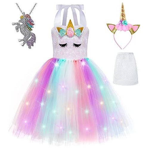 Disfraz De Unicornio Con Lentejuelas Y Luces Led Para Niñas, Tutú Hecho A Mano, Para Fiestas De Cumpleaños (9-10 Años)