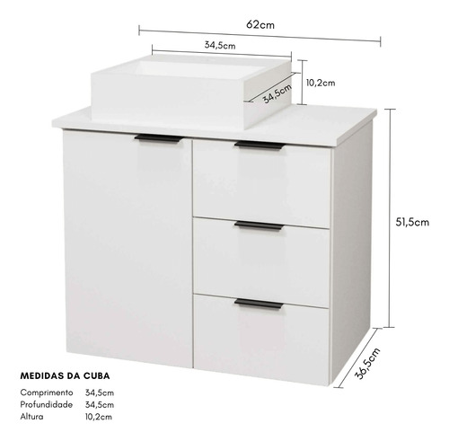 Gabinete Mdf Armário De Banheiro 60cm Com Tampo/cuba Esquerd