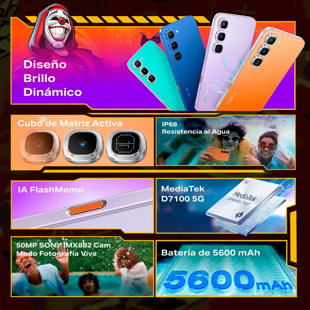 Infinix HOT 70 Pro 8GB+256GB 5G Celular Desbloqueado MediaTek Dimensity 7100 Pantalla AMOLED 45W NFC Incluye Smartwatch XWATCH H4 | Color Azul