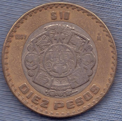 Mexico 10 Pesos 1997 Bimetalica * Tonatiuh Dios Sol Azteca *