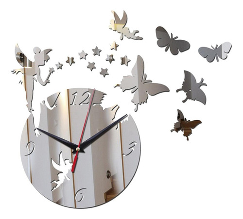 Reloj De Pared Con Espejo Mariposas Plateado Pegatinas Pared