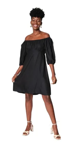 Vestido Feminino Curto Ombro A Ombro Manga Preto Mercatto Frete