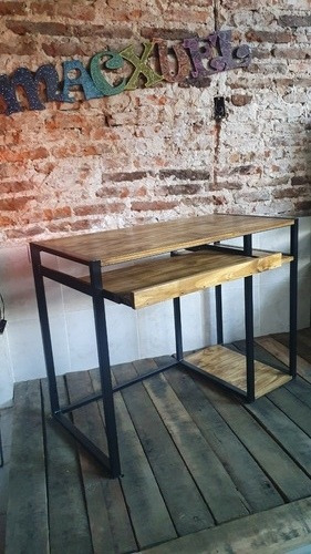 Imagen 2 de 10 de Mesa Pc Industrial Hierro Y Madera + Bandeja Teclado 100x50