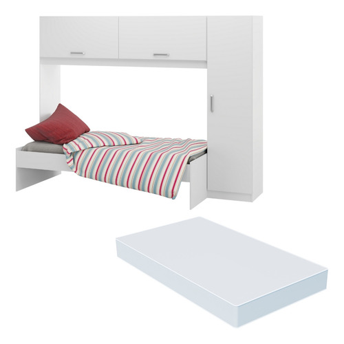 Cama Solteiro com Colchão Incluso 88 x 188 cm e Guarda-Roupas/Roupeiro Multimóveis Branca