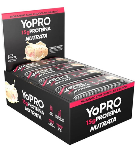 Barra de Proteínas 15g - 12 un de 55g cada - YoPRO e Nutrata SABOR:Morango com Chocolate Branco