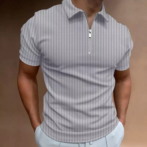 Camiseta Polo Para Hombre Con Rayas Y Cremallera 2024 Nuevo