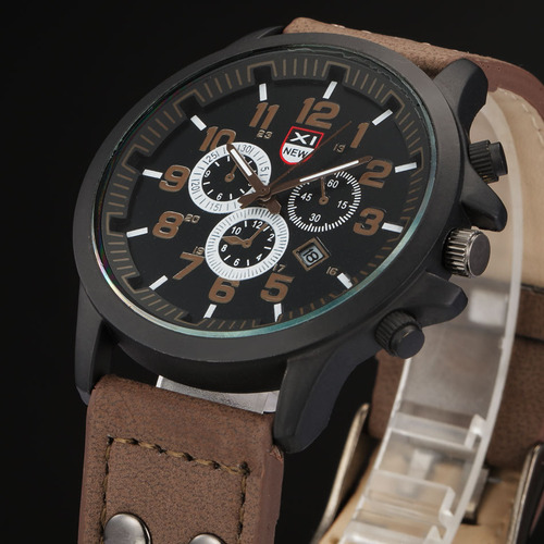 Brown - Watches Mens Military Army Leather Date Wrist Watch