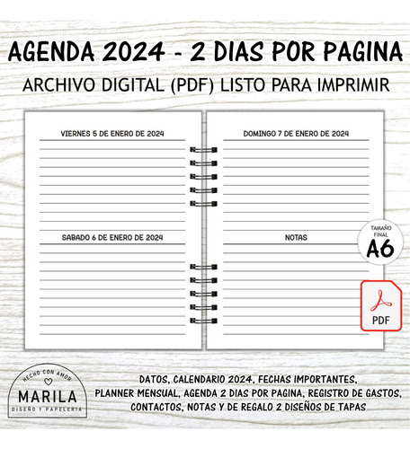 Pdf Agenda 2024 2 Dias Por Pagina Imprimible / A6