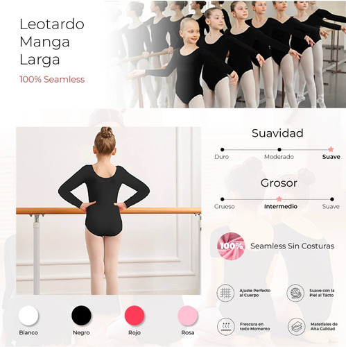 Imagen 2 de 5 de Leotardo Manga Larga Niñas Ballet Algodón Y Elastano