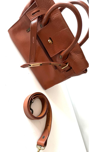 Bolso Satchel Cártera Doctor Bag Cuero Estilo Birkin Hermè Marrón Oscuro Lisa Oro Marrón (Usado)