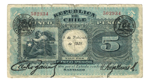 Billete De Chile 5 Pesos - Azul 8 De Noviembre De 1918