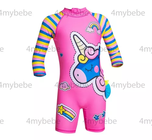 Traje De Baño Niña Unicornio + Gorro Natacion + Gorro Sol