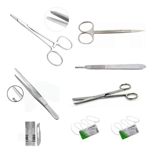 Kit Sutura Simples 7 Peças Aço Inox P/ Estudante + Fio Nylon