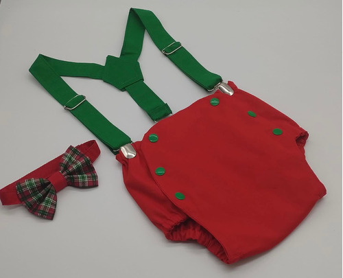 Roupa Bebê Menino Xadrez E Verde Suspensório Gravata Natal