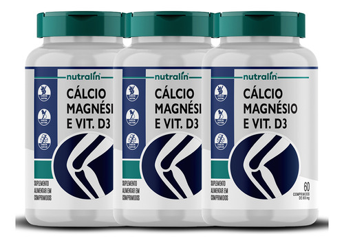 Kit 3 Cálcio Magnésio Vitamina D3 Nutralin 60 Comp 800mg