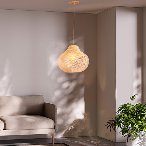 Pendente Luminária Hao Artesanal Fibra Rattan 35cm E27 Estrutura Madeira 110v/220v
