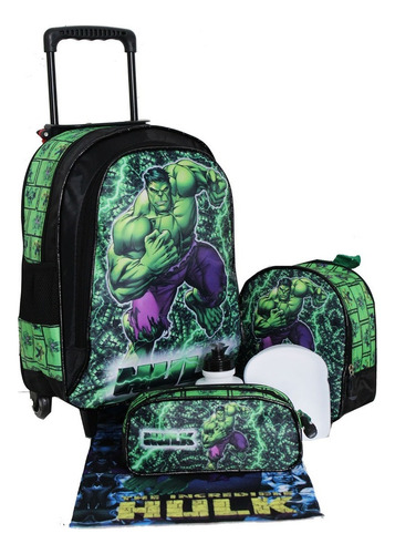 Kit Mochila Hulk Masculina Infantil Rodinhas Lancheira Aula