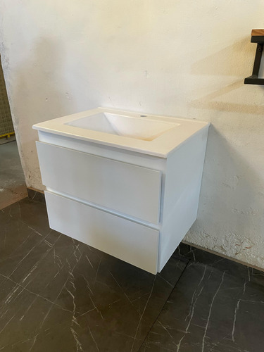 Vanitory Colgante Flotante Laqueado 40cm Bacha Mueble Baño Blanco Blanco Un Agujero