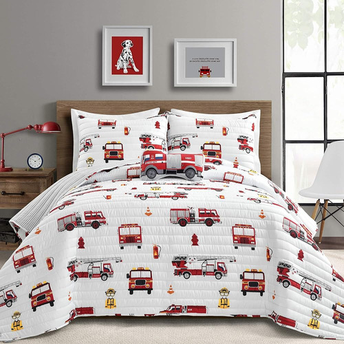 Make A Wish Fire Truck Red & White Reversible Print 3 Piece 