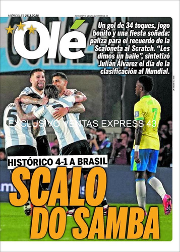 Diario Olé 26/03/2025 Argentina 4 Brasil 1 Edición Completa