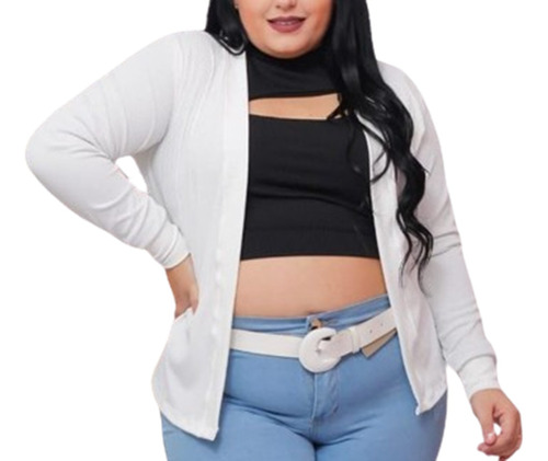 Casaco Plus Size Malha Canelada Feminino Estilo