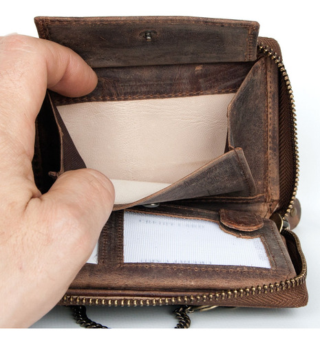 Cartera Grande De Cuero Genuino Con Cremallera Y Cadena Beig