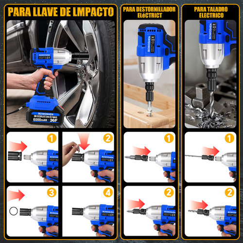Llave de impacto sin escobillas 600 Nm 4 en 1 inalámbrico BOWOSHEN color azul