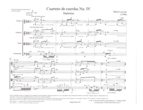 Mario Lavista: Cuarteto De Cuerdas No.iv Sinfonías (partitur