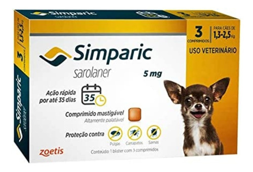 Antipulgas Para Cães Simparic 5mg 1,3-2,5kg 3 Comprimidos