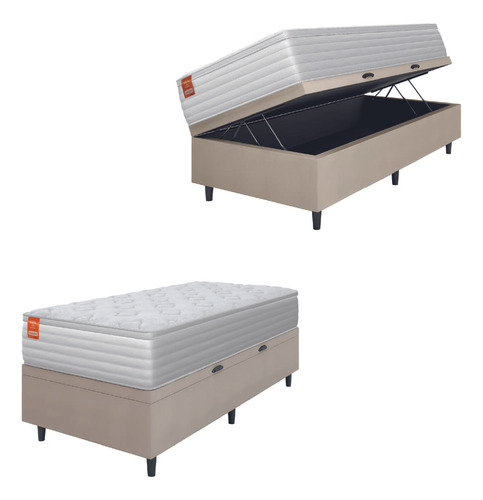 Cama Box Baú Colchão Solteiro Molas Ensacadas Real 88x188x68cm Branco e Bege Inducol